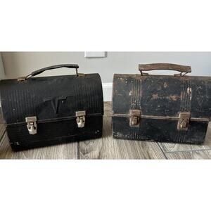 Lot of 2 Vintage Black Metal Dome Lunch Box Grandpacore Steampunk Upcycle